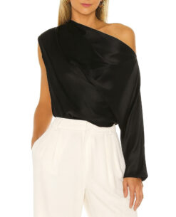 Michelle Mason Black Silk Satin Draped One Sleeve Top Blouse Size 4