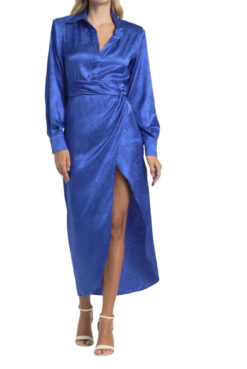 Ronny Kobo Bernice Blue Satin Long Sleeve Midi Shirt Dress Size Medium