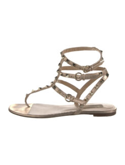 Valentino Garavani Gold Metallic Leather Rockstud Caged Ankle Strap Flat Sandals 41