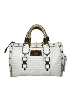 Versace Madonna White Quilted Leather Logo Plate Satchel Boston Top Handle Bag