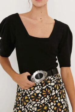 Ba&sh Fleur Black Wool Square Neck Puff Sleeve Sweater Top Small