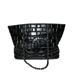 CHANEL Frozen Black Vinyl Quilted Large Chain Strap Shopping Tote Bag