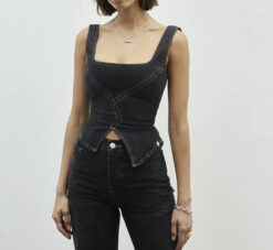 DALA NWT Hurricane Black Denim Broken Corset Top Blouse Size 26 NEW