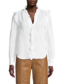 FRAME Lauren White Linen Long Sleeve Ruffled V-Neck Blouse Top Blouse Small
