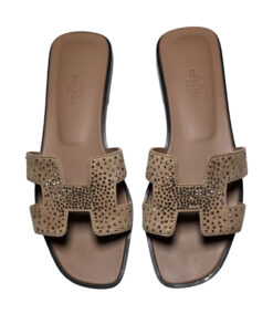 HERMES Oran Suede Crystal Rhinestone Slides Sandals 38 Rose Bois De Santal