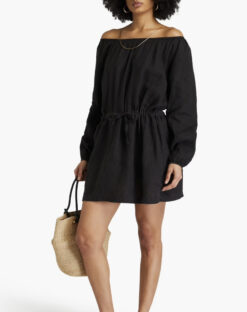 James Perse NWT Black Linen Off Shoulder Long Sleeve Mini Dress Size 0 NEW