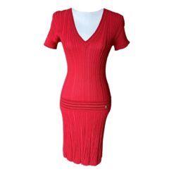 ROBERTO CAVALLI Red Pleated Plisse Knit V-Neck Drop Waist Dress Size 42