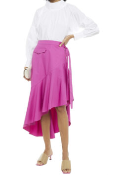 RODEBJER Amalia Magenta Asymmetric Ruffled Cotton Poplin Midi Skirt Small