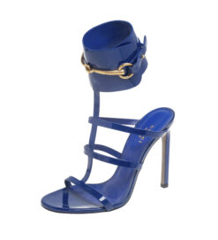 Gucci Ursula Blue Patent Horsebit Ankle Strap Heels Sandals Pumps 39.5
