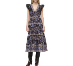 SEA New York Tess Blue Ruffled Floral Print Cotton Tiered Midi Dress Size 2