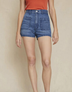 AMO Blue Denim High Rise Patch Pocket Jean Shorts Size 24