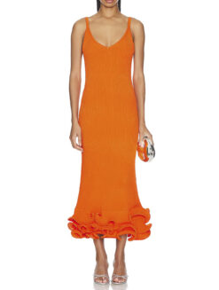 AMUR NEW Dray Coral Orange Ribbed Knit V-Neck Sleeveless Midi Maxi Dress Size XS