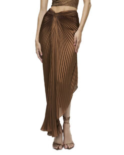 Alice + Olivia Odelia Bronze Camel Satin Pleated Asymmetrical Midi Maxi Skirt Size 0