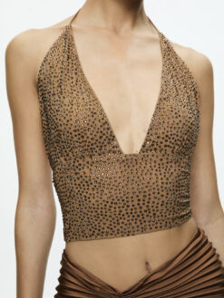 Alice + Olivia Hannah Bronze Crystal Embellished Crystal Halter Top Blouse 2