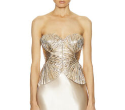 Cult Gaia NWT Jace Gold Metallic Pleated Corset Top Blouse Small NEW