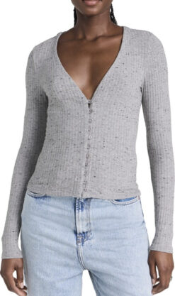 Enza Costa Gray Ribbed Knit V-Neck Cardigan Sweater Size XS