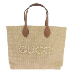GUCCI 779666 Beige Raffia Straw Large Neutral Rainbow Logo Tote Bag
