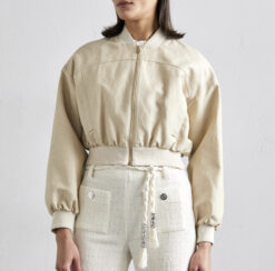 MAJE Balimi Sable Beige Linen Full Zip Bomber Jacket Size 38