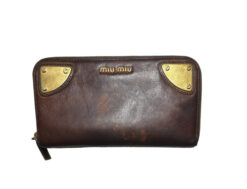 Miu Miu Brown Leather Zip Around Logo Organizer Long Wallet Authentic