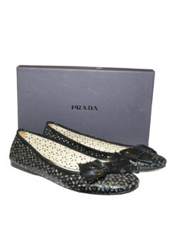 PRADA Black Patent Leather Lasercut Bow Ballet Flats Size 40