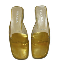 PRADA Gold Patent Logo Slip On Mules Loafers Flats Size 39