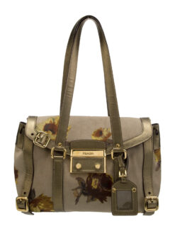 PRADA Canapa St. Rose Leather Trimmed Floral Print Satchel Shoulder Bag