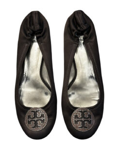 Tory Burch Brown Satin Crystal Logo Embellished Reva Ballet Flats Size 10