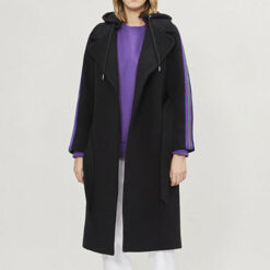 SANDRO Paris Black Wool Belted Detachable Hood Long Coat Size 40