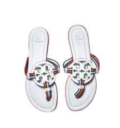 Tory Burch Mignon Miller Ivory Rainbow Leather Logo Thong Flat Sandals Size 9