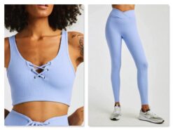 Year Of Ours Ribbed Football Crop Top & Veronica Leggings Pants Set XS/S Blue