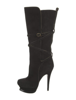 SAINT LAURENT Tribute 105 Black Suede Knee High Tall Platform Heels Boots Size 37