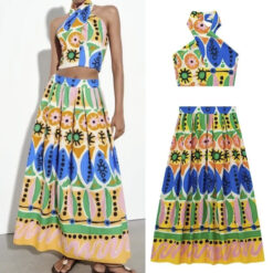 ZARA NWT Printed Halter Top & Midi Skirt 2 Piece Dress Set Size XS/S