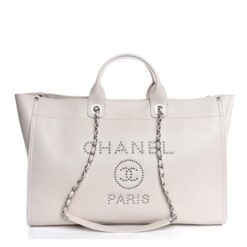CHANEL Deauville Ivory Caviar Leather Studded GM Large Chain Shopping Tote Bag SHW