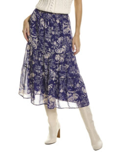 BA&SH NWT Uria Violet Floral Chiffon A-Line Tiered Midi Skirt Size XS NEW