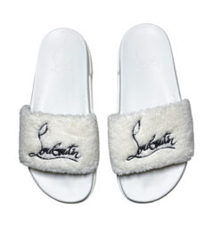 Christian Louboutin White Shearling Logo Slides Flatform Sandals Size 39.5