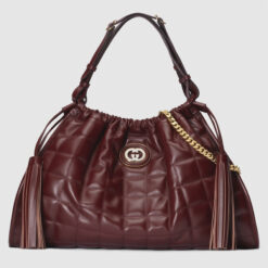 GUCCI Deco Medium Bordeaux Burgundy Quilted Leather Hobo Tote Chain Shoulder Bag
