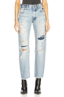 Moussy Vintage Jones Light Blue Destroyed High Rise Button Fly Straight Leg Jeans 27