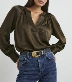 RAILS Wynna Moss Satin V-Neck Long Sleeve Top Blouse Size Medium