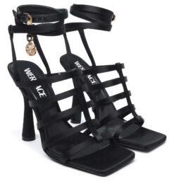 VERSACE NIB Lycia 110 Medusa Charm Black Satin Caged Heels Sandals 38.5 NEW $1025
