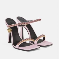 Versace NIB Medusa Pink Satin Crystal Rhinestone Square Toe Mules Heels Sandals 39 $1275