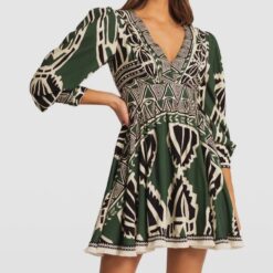 PatBO Emerald Green Fringe Trim V-Neck Long Sleeve Mini Dress Size 2