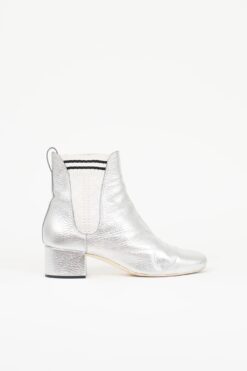 Fendi Silver Metallic Leather Block Heel Chelsea Ankle Boots Size 40