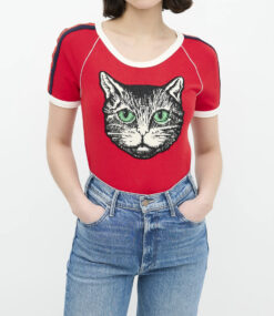 Gucci Red Mystic Cat Embroidered Patch Graphic T-Shirt Top Blouse Size XS