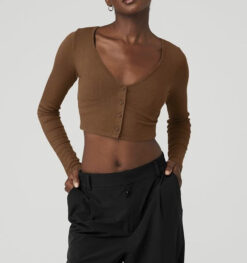 ALO Yoga Whisper Brown Ribbed Cropped V-Neck Cardigan Sweater Athleisure Medium