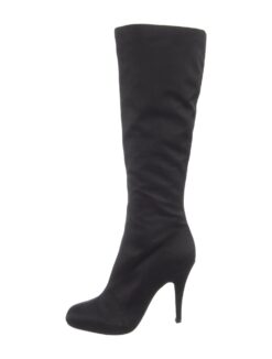 Prada Black Satin Knee High Almond Toe Heels Boots Size 37.5 Italy