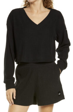 ALO Yoga Women's Muse Ribbed Crop V-Neck Pullover Sweater Athleisure Medium