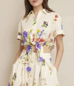 Cara Cara Asbury Floral Print Tie Front Short Sleeve Top Blouse Small