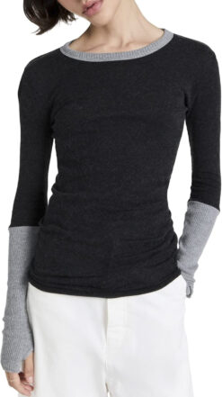 Enza Costa Cashmere Easy Cuff Crew Neck Long Sleeve Thumbhole Shirt Top Medium