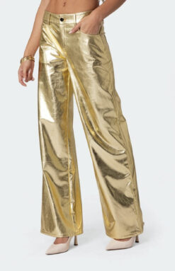 Edikted NWT Rochelle Low Rise Wide Leg Metallic Vegan Leather Jeans Pants Small