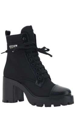 PRADA Re-Nylon Leather Triangle Logo Lug Platform Black Ankle Boots 39.5 NEW